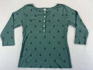 Kate Quinn Women’s Medium Green Tree Print Henley Long Sleeve Ribbed Top